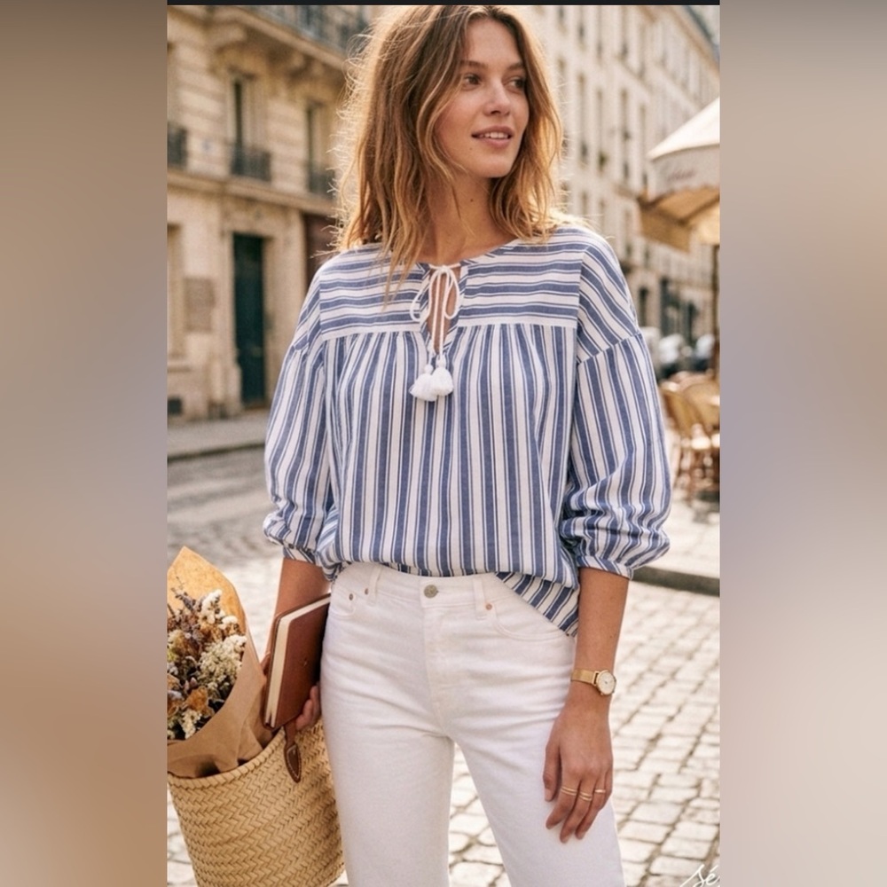 Madewell 100% Cotton Striped Pom-Pom Tassel Blouse - Size L.